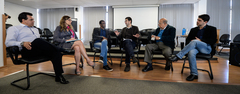 Visita dos vereadores da Comissão de Educação, Cultura, Esporte e Juventude ao gabinete do secretário municipal de educação, Adriano Naves de Brito. Na foto, da esquerda para a direita, o vereador Alvoni Medina, a vereadora Sofia Cavedon, o vereador Tarciso Flecha Negra, o secretário Adriano Naves e os vereadores Reginaldo Pujol e Matheus Ayres.