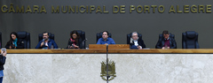Votação do parecer sobre pedido de renovação de votação do Projeto de Previdência complementar dos Municipários. Na foto: da esq: vereadores Fernanda Melchionna, Cláudio Janta, Sofia Cavedon, Dr. Thiago Duarte (presidente), Márcio Bins Ely