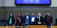 Votação do parecer sobre pedido de renovação de votação do Projeto de Previdência complementar dos Municipários. Na foto: da esq: vereadores Fernanda Melchionna, Sofia Cavedon, Cláudio Janta,  Dr. Thiago Duarte (presidente), Adeli Sell e Márcio Bins Ely
