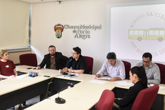 Reunião conjunta Cece e Cosmam para debater proposta de campanha de divulgação científica e ambiental nos ônibus. Na foto, vereadores André Carús, Professor Alex Fraga, Cassiá Carpes e Alvoni Medina