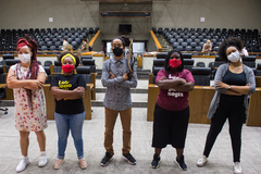 Na foto, a partir da esquerda: Daiana Santos (PCdoB), Bruna Rodrigues (PCdoB), Matheus Gomes (PSOL), Laura Sito (PT) e Karen Santos (PSOL)