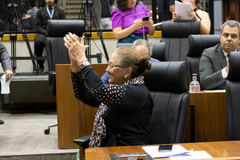 Movimentação de plenário. Vereadora Lourdes Sprenger comemora aprovação de projeto