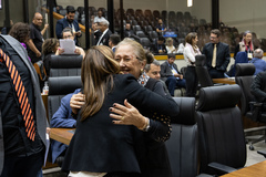 Movimentação de plenário. Vereadora Lourdes Sprenger comemora aprovação de projeto