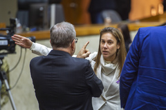 Movimentação de Plenário. Na imagem a vereadora Mari Pimentel e o vereador Idenir Cecchim.