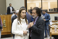 Movimentação de Plenário. Na imagem vereadora Mari Pimentel e vereador Aldacir Oliboni