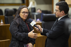 Movimentação de Plenário. Vereadora Cláudia Araújo concede entrevista à TV Câmara