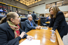 Movimentação de plenário. Na imagem as vereadoras Lourdes Sprenger, Mônica Leal e o vereador Idenir Cecchim.