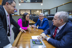 movimentação de plenário. Na imagem vereadores Idenir Cecchim, Mauro Pinheiro, vereadora Claudia Araujo e presidente Hamilton Sossmeier.